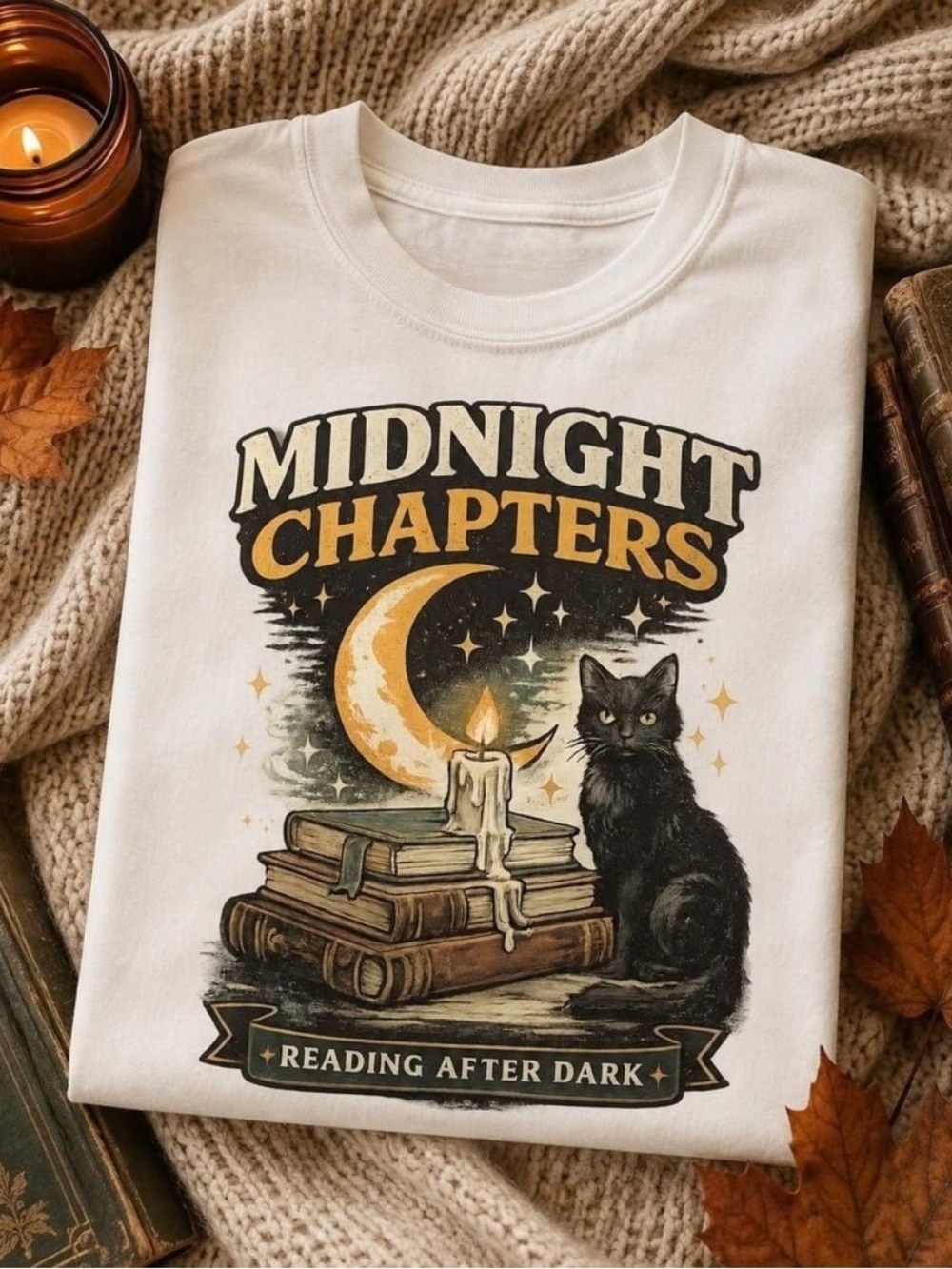 Cream Midnight Chapters Tee with Black Cat, Moon & Candle Graphic